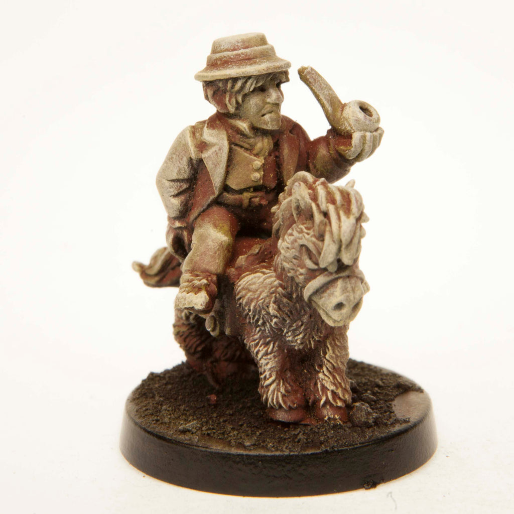 Primed pewter Halfling Wool Merchant Mounted on Pony miniature, 29mm tall