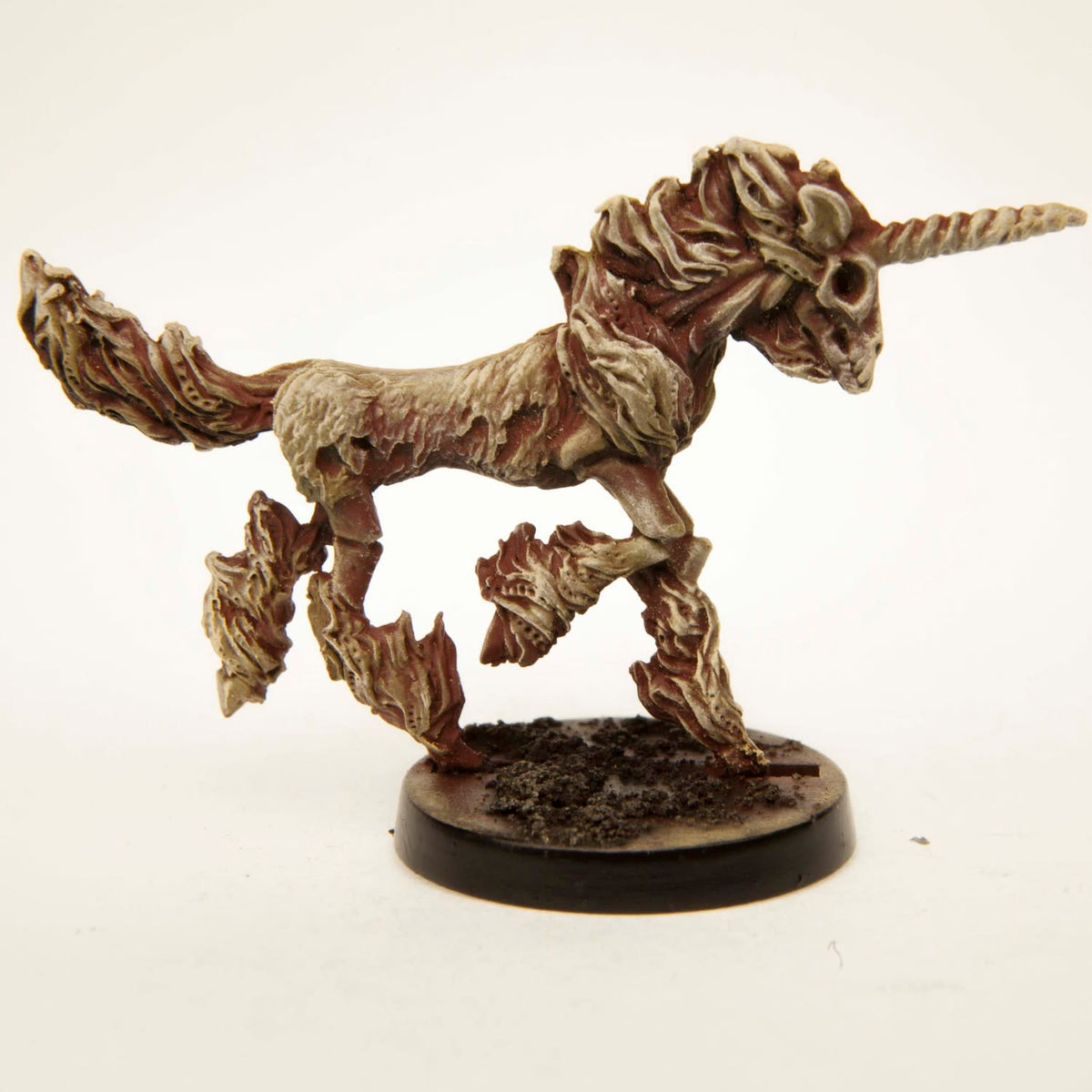 Primed pewter Flaming Undead Unicorn miniature, 35mm tall, another view