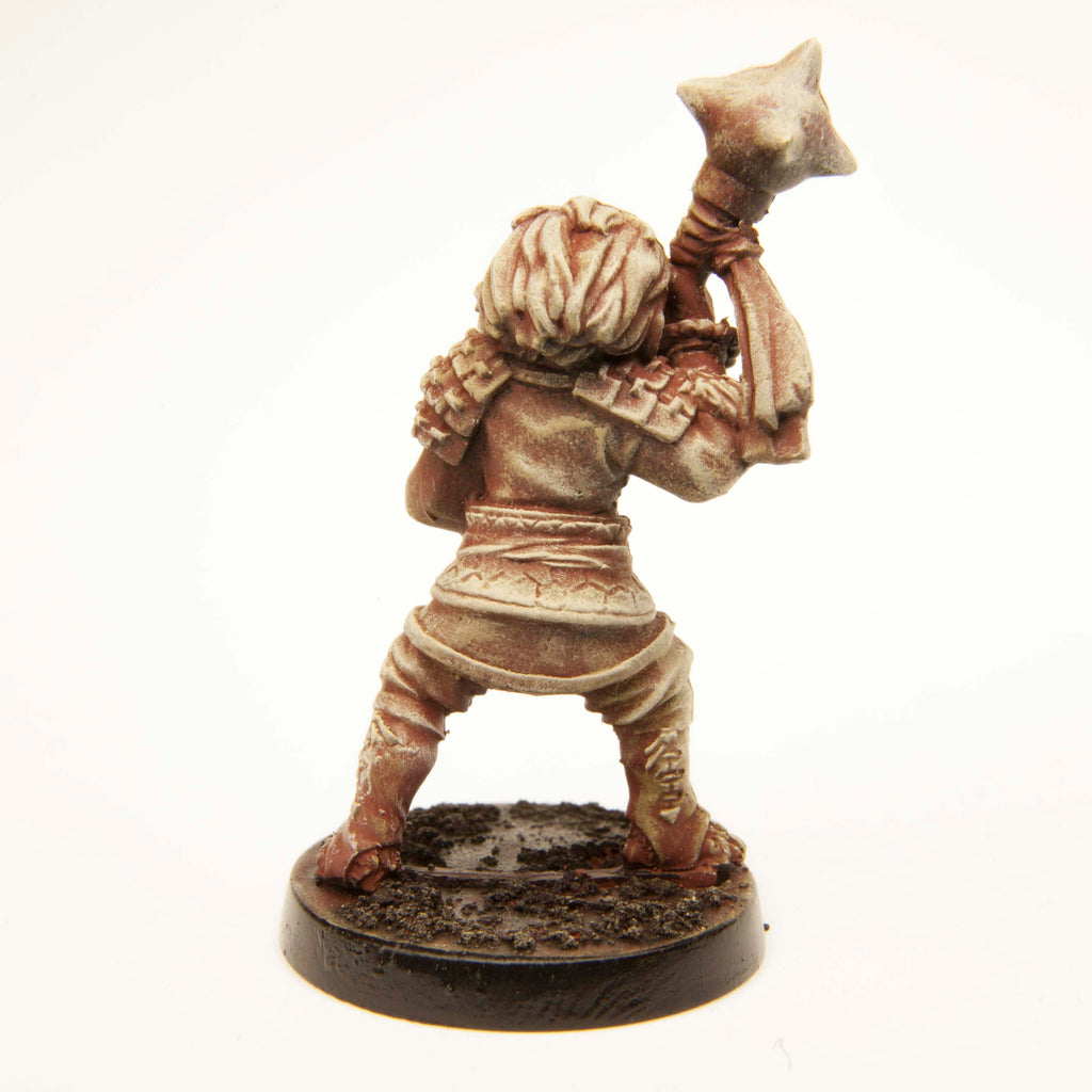 Primed pewter Half-Orc Fighter Female miniature, 40mm tall, another view